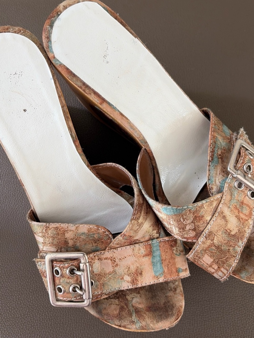 Silver Buckle Slide Wedges in Brown